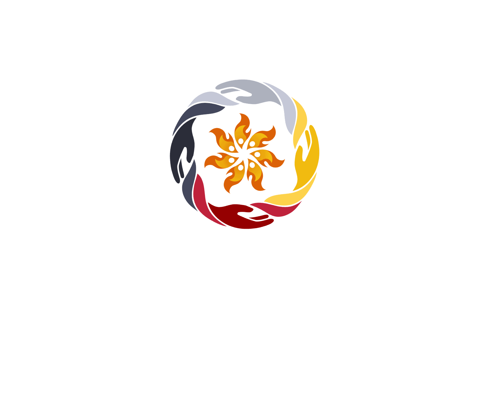 Coloured Maamwesying logo featuring a circle of multi-coloured hands circling a flame.