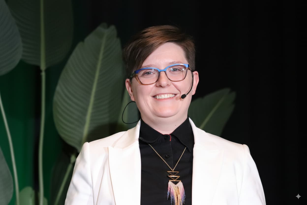 d78dbe959e6fb9ad7a2e39e6b3c5da1b82c2af5d Meggan Van Harten smiling on a dark stage while wearing a microphone headset.